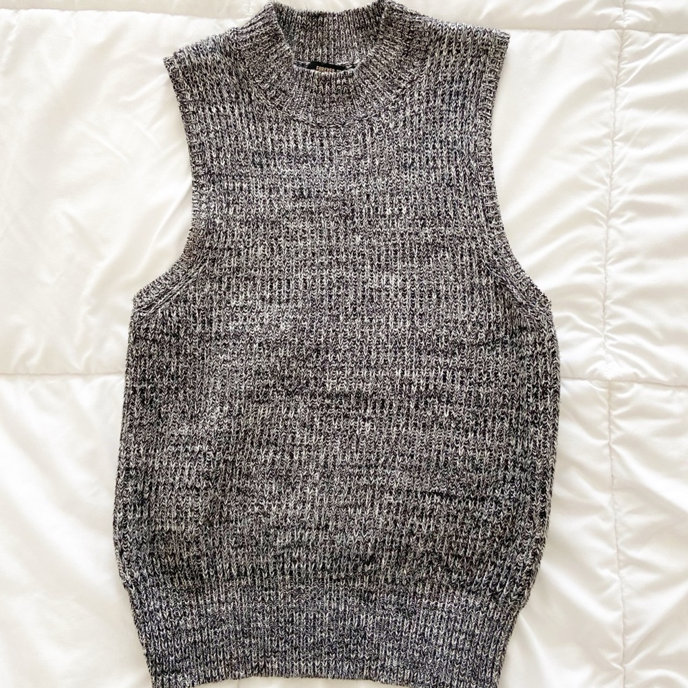Marbled Black and White Knit Mock Neck Sleeveless Sweater Turtleneck Small